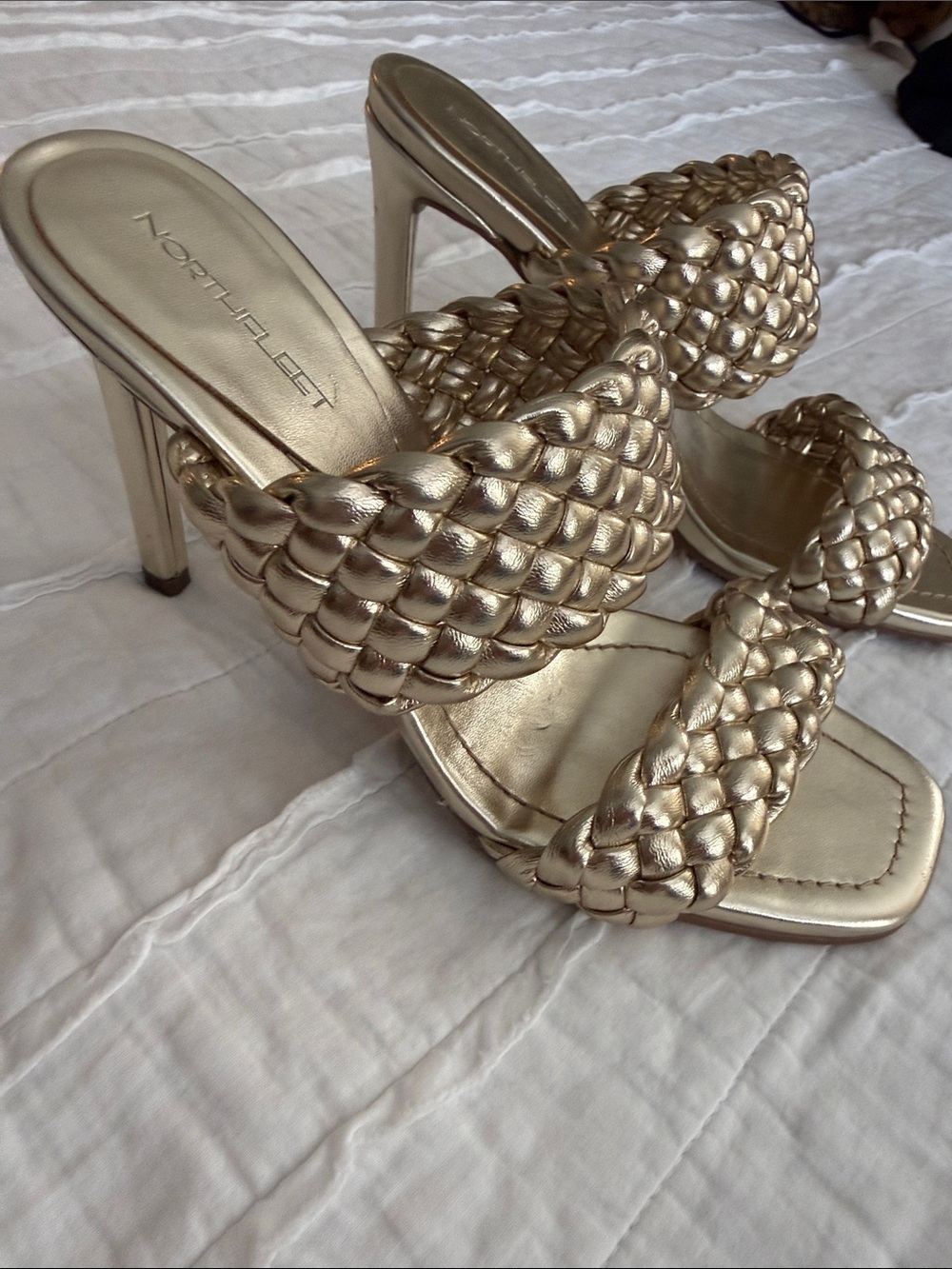 Gold Braided Double-Strap Heeled Sandals